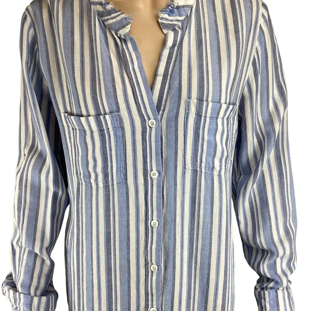 Cloth & Stone‎ Anthropologie Dress Tunic Size Medium Striped Frayed Linen Blend - Picture 5 of 10